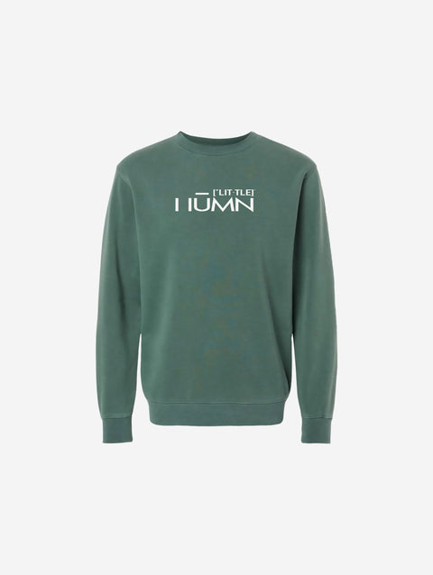 Pigment-dyed crewneck sweatshirt in alpine green showcasing the understated 'HŪMN' logo, perfect for adding a subtle pop of color to a laid-back wardrobe.