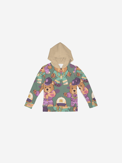 Little Humn Hu Bear Print Green Kids Hoodie