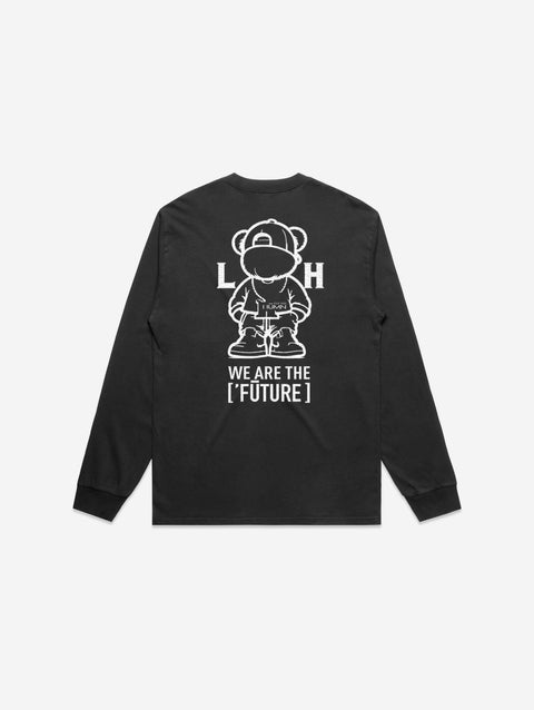A sleek black long-sleeve tee featuring a minimalist 'LITTLE Life' logo on the chest, designed with a faded effect for a vintage-inspired look.