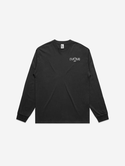 A sleek black long-sleeve tee featuring a minimalist 'LITTLE Life' logo on the chest, designed with a faded effect for a vintage-inspired look.