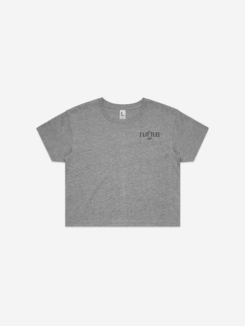 A heather gray cropped T-shirt with a subtle "['LIT·TLE] Life" logo on the left chest.