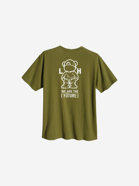 A natural green t-shirt adorned with the '[LITTLE]' logo on the left chest.