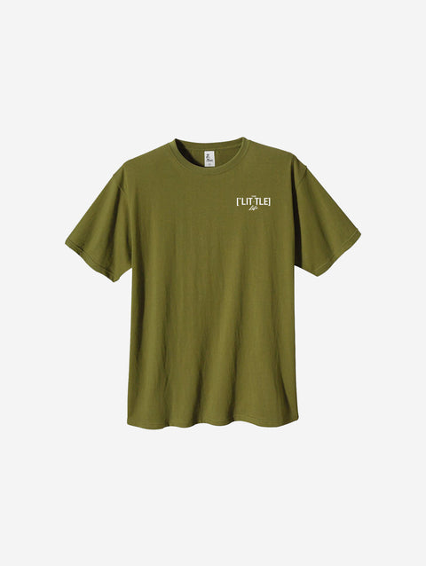 A natural green t-shirt adorned with the '[LITTLE]' logo on the left chest.