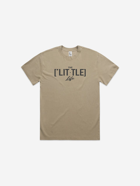 Khaki heavy faded tee with '[LIT·TLE] Life' printed on the chest, showcasing a comfortable and versatile style.