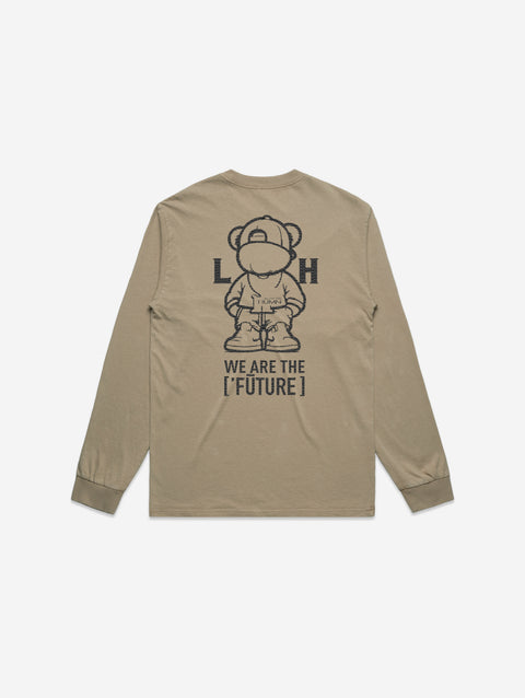 A stylish khaki long-sleeve tee with a subtle 'LITTLE Life' logo on the chest, showcasing a heavy faded design for a trendy, worn-in aesthetic.