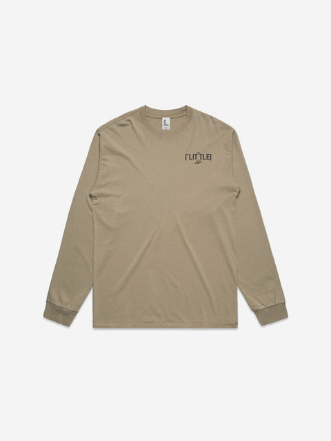 A stylish khaki long-sleeve tee with a subtle 'LITTLE Life' logo on the chest, showcasing a heavy faded design for a trendy, worn-in aesthetic.