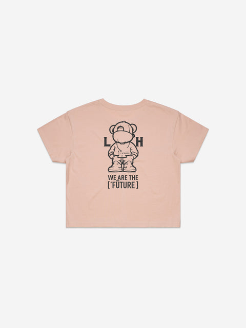 A pastel pink cropped T-shirt with a minimalist "['LIT·TLE] Life" logo on the left chest.