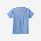 A pastel blue youth t-shirt adorned with the ['ro] bear design and motivational "Go Like ['RO]" slogan. Soft and approachable.