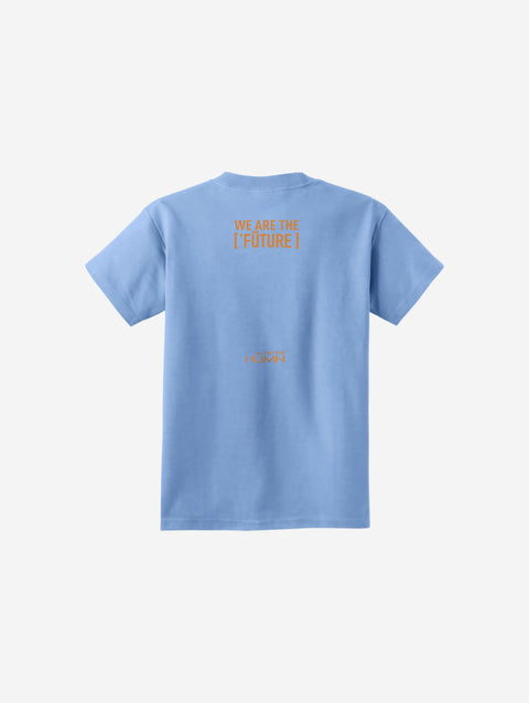 A pastel blue youth t-shirt adorned with the ['ro] bear design and motivational "Go Like ['RO]" slogan. Soft and approachable.