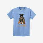 A pastel blue youth t-shirt adorned with the ['ro] bear design and motivational "Go Like ['RO]" slogan. Soft and approachable.