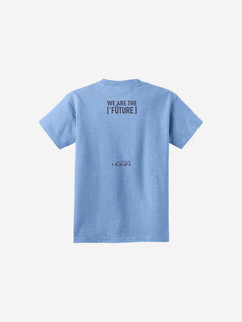 A soft light blue youth essential tee with the ['LIT·TLE] HŪMN bear, bringing serene and stylish vibes.