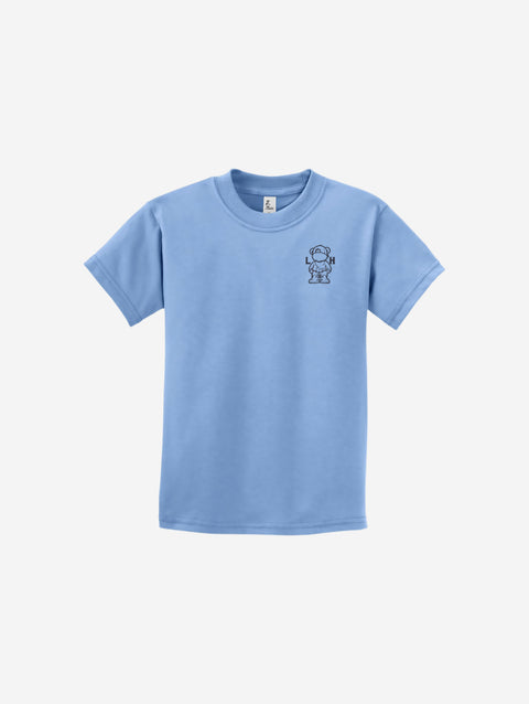 A soft light blue youth essential tee with the ['LIT·TLE] HŪMN bear, bringing serene and stylish vibes.