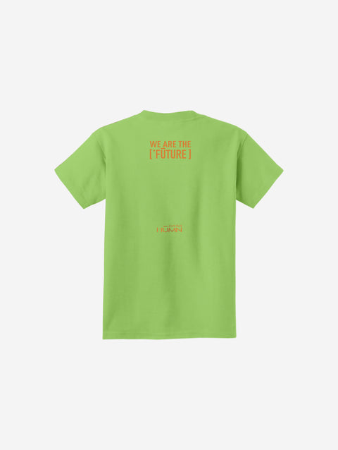 A vibrant lime green youth t-shirt with the iconic ['ro] bear and "Go Like ['RO]" logo, radiating energy and playfulness.