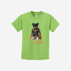 A vibrant lime green youth t-shirt with the iconic ['ro] bear and "Go Like ['RO]" logo, radiating energy and playfulness.