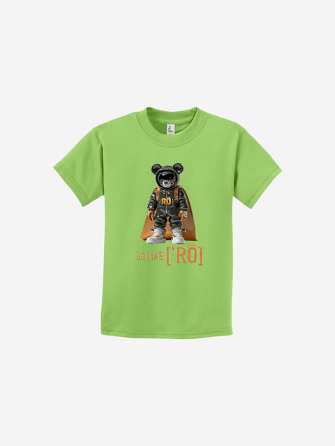 A vibrant lime green youth t-shirt with the iconic ['ro] bear and "Go Like ['RO]" logo, radiating energy and playfulness.