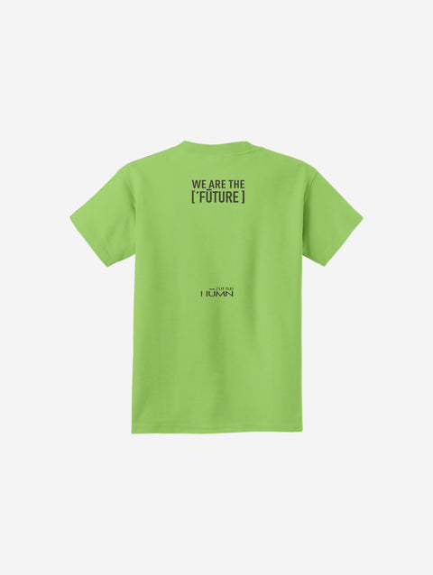 A refreshing lime green youth essential tee featuring the ['LIT·TLE] HŪMN bear, adding a playful pop of color.