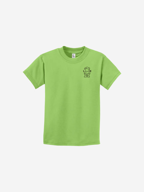 A refreshing lime green youth essential tee featuring the ['LIT·TLE] HŪMN bear, adding a playful pop of color.