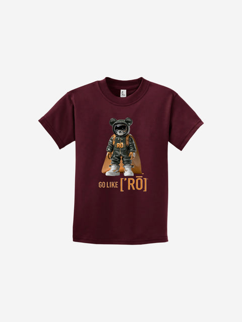 A rich maroon youth t-shirt with the iconic ['ro] bear graphic and "Go Like ['RO]" slogan for a bold, confident style.