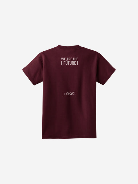 A deep maroon youth essential tee showcasing the ['LIT·TLE] HŪMN bear, ideal for cozy and chic outfits.