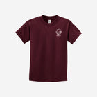 A deep maroon youth essential tee showcasing the ['LIT·TLE] HŪMN bear, ideal for cozy and chic outfits.
