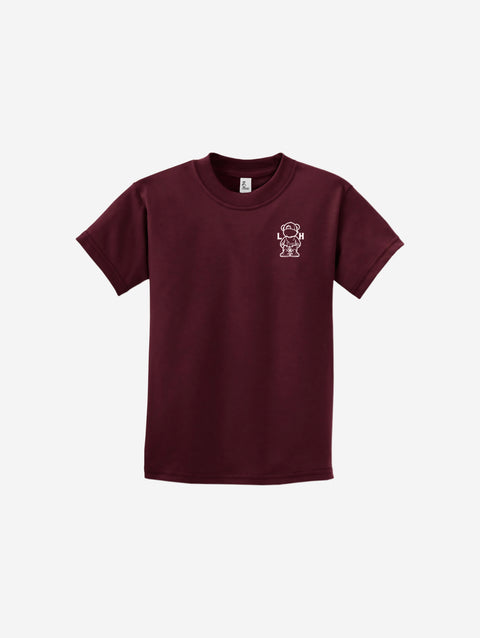 A deep maroon youth essential tee showcasing the ['LIT·TLE] HŪMN bear, ideal for cozy and chic outfits.