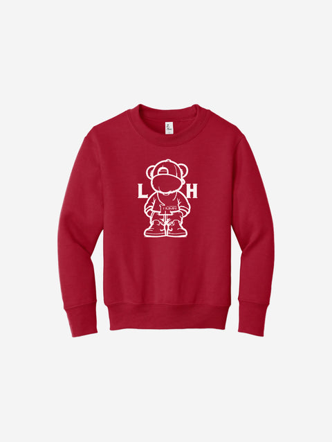 Youth fleece sweatshirt in rich burgundy, featuring the charming LH mascot design in black. Warm and stylish for cooler days.