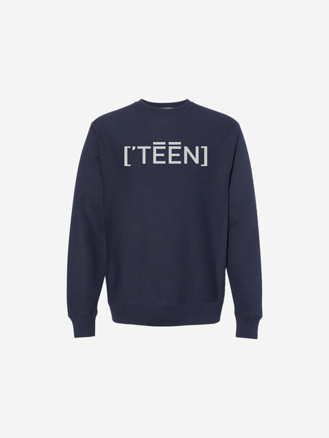 A deep navy blue cross-grain crewneck sweatshirt featuring the ['TEEN] branding in a crisp light-colored font for a sleek and polished look.