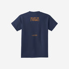 A deep navy youth essential t-shirt, highlighting the ['ro] bear print and bold "Go Like ['RO]" text for a timeless and versatile look.