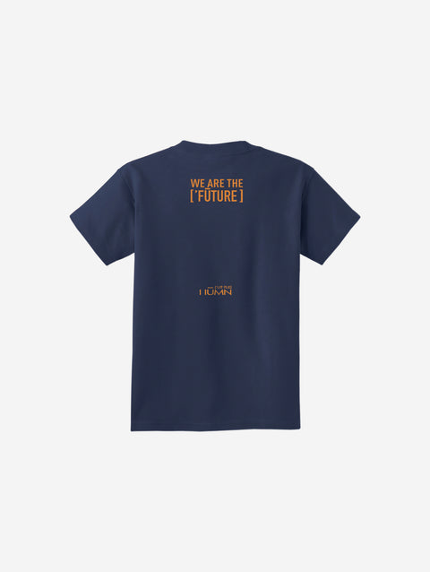 A deep navy youth essential t-shirt, highlighting the ['ro] bear print and bold "Go Like ['RO]" text for a timeless and versatile look.