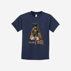A deep navy youth essential t-shirt, highlighting the ['ro] bear print and bold "Go Like ['RO]" text for a timeless and versatile look.