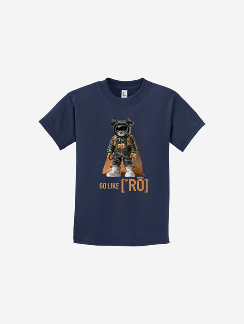 A deep navy youth essential t-shirt, highlighting the ['ro] bear print and bold "Go Like ['RO]" text for a timeless and versatile look.