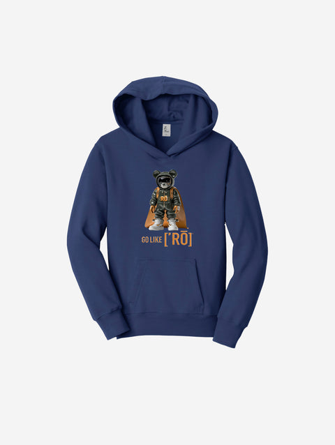 A timeless navy blue fleece pullover sweatshirt adorned with the ['RO] bear, perfect for classic and polished outfits.