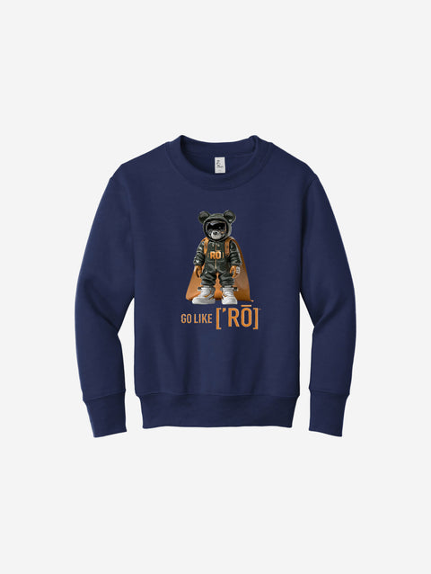 Classic navy blue youth fleece sweatshirt featuring the ['RŌ] bear design, a versatile and cozy staple for cool-weather activities.