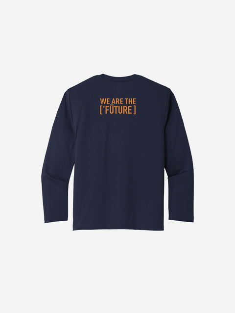 ['RŌ] Youth long sleeve performance tee in deep navy, complete with the signature astronaut bear design. Ideal for kids who want both style and durability.