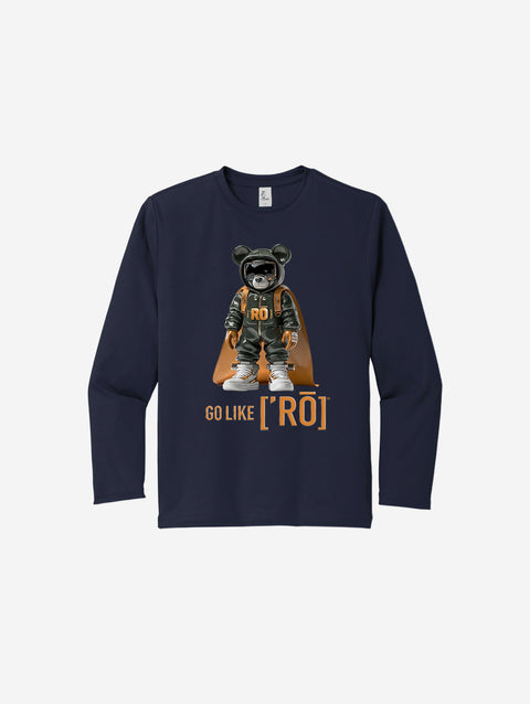 ['RŌ] Youth long sleeve performance tee in deep navy, complete with the signature astronaut bear design. Ideal for kids who want both style and durability.