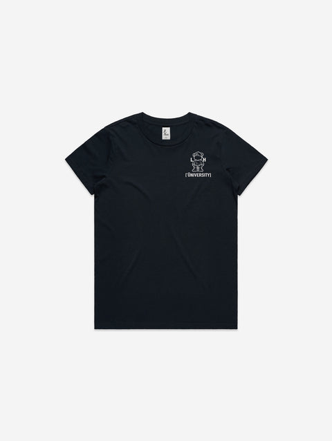 A navy-blue t-shirt with the 'Lil Hū' logo on the chest, blending sophistication and casual wear.