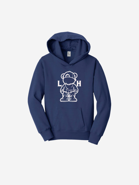 Classic navy fleece hoodie with the ['LH] emblem, combining warmth and timeless style for everyday adventures.