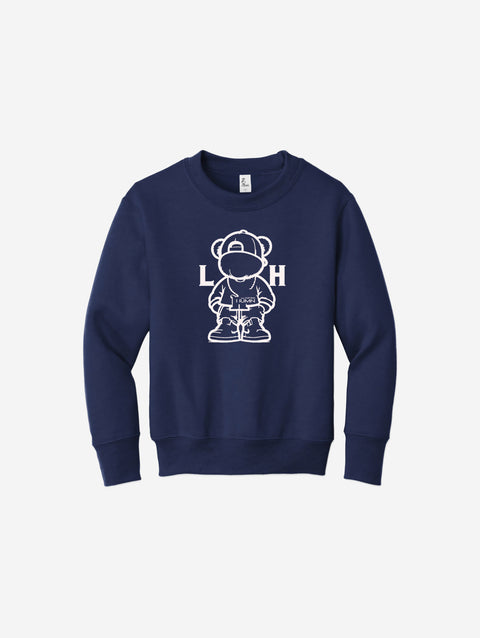 Youth fleece sweatshirt in a classic navy blue, adorned with the LH mascot design in black. A timeless and cozy option for kids.