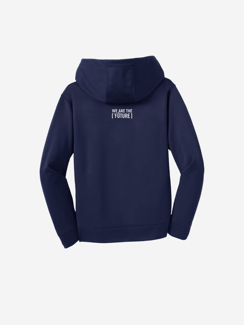 ['LIT·TLE] HŪMN fleece hooded pullover in rich navy blue, showcasing a clean, modern logo on the chest. A stylish and comfortable choice for all occasions.