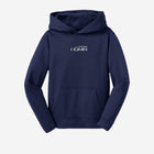 ['LIT·TLE] HŪMN fleece hooded pullover in rich navy blue, showcasing a clean, modern logo on the chest. A stylish and comfortable choice for all occasions.