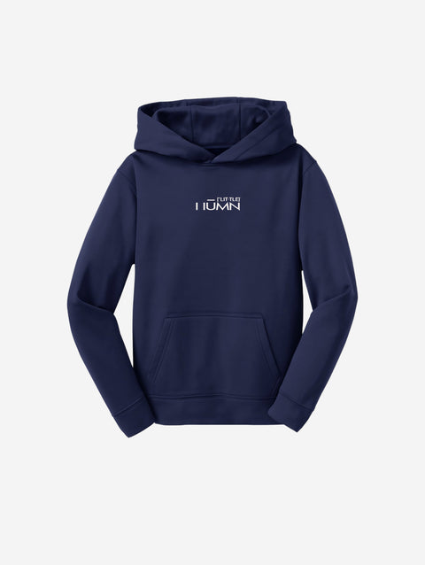 ['LIT·TLE] HŪMN fleece hooded pullover in rich navy blue, showcasing a clean, modern logo on the chest. A stylish and comfortable choice for all occasions.