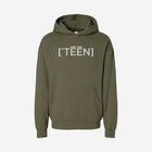 An olive green hoodie with the bold text "[‘TĒĒN]" in white, minimalist design, featuring a pullover style.