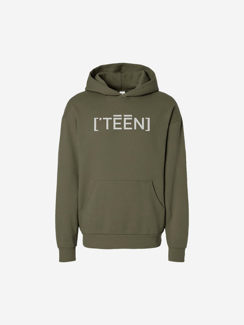 An olive green hoodie with the bold text "[‘TĒĒN]" in white, minimalist design, featuring a pullover style.