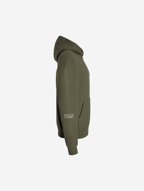 An olive green hoodie with the bold text "[‘TĒĒN]" in white, minimalist design, featuring a pullover style.