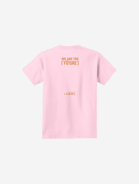 A soft pink youth essential t-shirt showcasing the ['ro] bear graphic and "Go Like ['RO]" text, blending playful style with functionality.