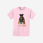 A soft pink youth essential t-shirt showcasing the ['ro] bear graphic and "Go Like ['RO]" text, blending playful style with functionality.