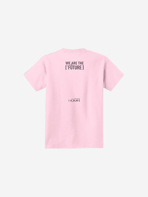 A gentle pink youth essential tee showcasing the ['LIT·TLE] HŪMN bear, adding soft and sweet tones to the collection.