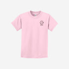 A gentle pink youth essential tee showcasing the ['LIT·TLE] HŪMN bear, adding soft and sweet tones to the collection.