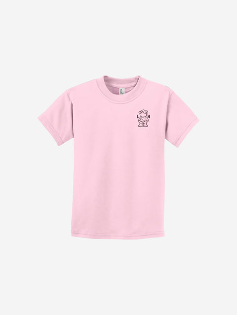 A gentle pink youth essential tee showcasing the ['LIT·TLE] HŪMN bear, adding soft and sweet tones to the collection.