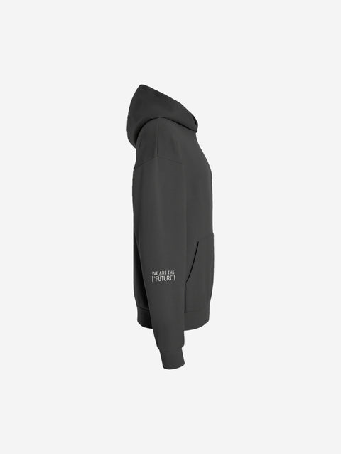 A gray-toned charcoal hoodie with the bold text "[‘TĒĒN]" in white, minimalist design, featuring a pullover style.